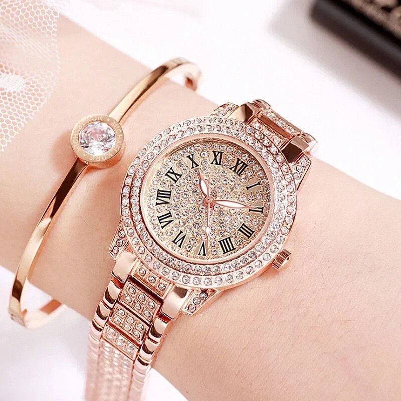 Luxury All Diamond Quartz Watch Ladies Elegant Rose Gold Stainless Steel Watch Crystal Fashion Wristwatch Small Dial Girls Gift