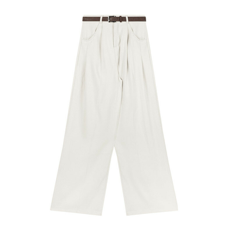 Celana setelan ผ้าม่านสีเทาสำหรับผู้หญิงในฤดูใบไม้ร่วงกางเกงลำลองทรงหลวมเอวสูงกางเกงขาม้าตรง