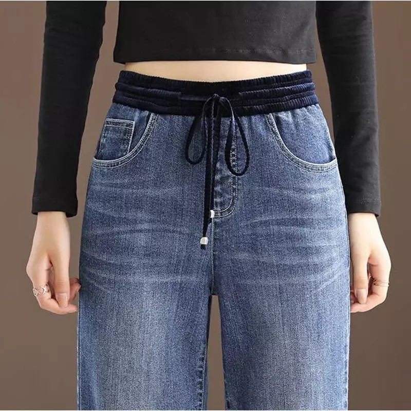Damskie zimowe Plus aksamitne dżinsy z szeroką nogawką w stylu Vintage grube luźne Vaqueros pantalony z wysokim stanem Oversize 34 ciepłe pluszowe spodnie dżinsowe