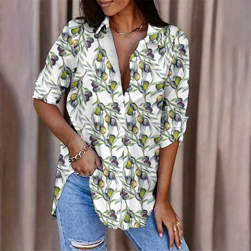 Elegant And Stylish Office Ladies Lapel Long Sleeve Shirt Women's Plant Green Leaf Print Slim Fit Shirt Fashion Shirt