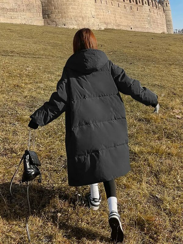 Casaco coreano feminino de comprimento médio, Parka solta com capuz, roupa quente grossa, jaquetas de inverno