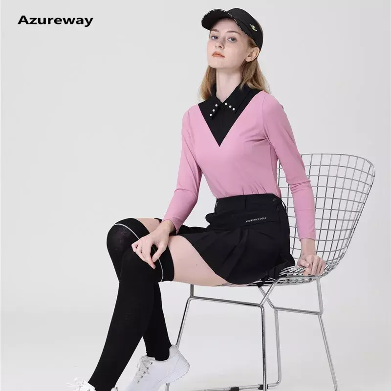 Azureway Winter Women Full Sleeve Golf Tops Slim Lapel Shirts Autumn Female Pencil Pantskirts Elastic Golf Pleated Skorts Suit
