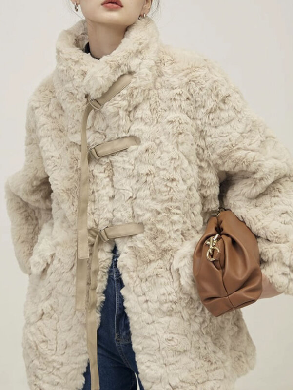 Kurtka wełna jagnięca w stylu Vintage zimowa ciepła z wysokim kołnierzem, leniwa, płaszcz z podszewką bawełniana kurtka luźna odzież uliczna