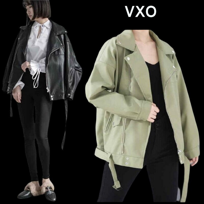 VXO Jaket Kulit Imitasi Hijau Pakaian Luar Kulit Antik Pendek Wanita Jaket Kulit PU Longgar untuk Siswa dengan Sabuk Dapat Dilepas
