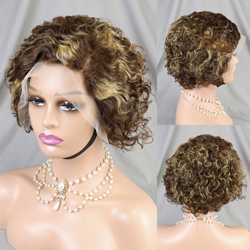 Bob Pixie curto corta perucas de cabelo humano encaracolado para mulheres, 13x4 frente de renda, transparente, onda profunda, linha fina pré-arrancada