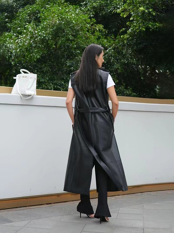 2024  New Style Women's Fashion Double Breasted Buckle Long Genuine Sheepskin Leather Coat  Windbreaker