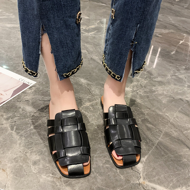Women's Flat Slippers Women Summer Shoes Women Fashion Square Toe Slides Women Hollow Breathable Gladiator Casual Ladies Shoes