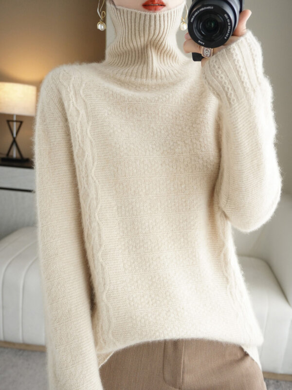 Women 100% Merino Wool Sweater Autumn Winter Thick Pullovers Warm Soft Turtleneck Twist Long Sleeves Casual Cashmere Knitwear