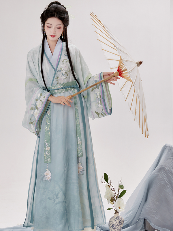 Chi Xia Hua Jian Shi Yun Meng roupas leves, trem reto, camisa longa com pescoço cruzado, hanfu feminino melhorado, estilo Jin