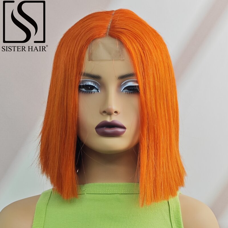 باروكة بوب قصيرة مستقيمة ، باروكة بوب ملونة ، شعر برازيلي منتوف مسبقًا ، زنجبيل برتقالي ، كثافة ، دانتيل 2 × 6