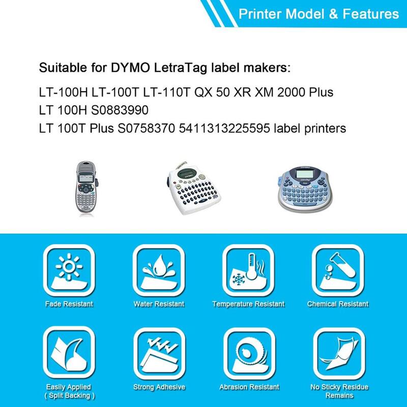 10PK-Cinta de etiquetas 91200 91330, 12mm, Compatible con Recharg Dymo LetraTag, LT100H, LT100T, QX50, recarga de 12mm para impresora de etiquetas adhesivas Dymo