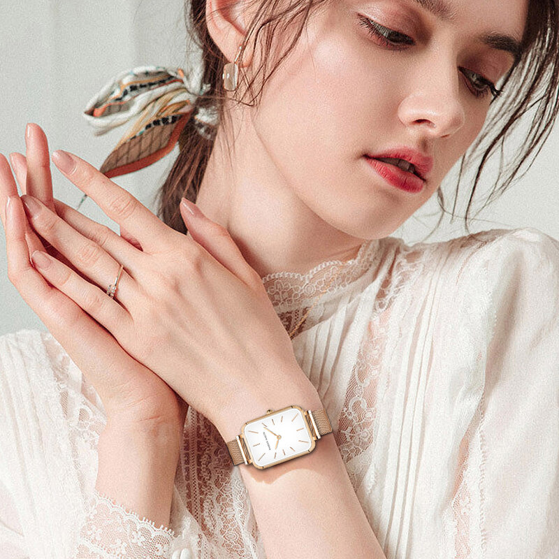 Rechthoek Ultrathin Nordic Eenvoudige Stijl Japan Quartz Uurwerk Mode Rvs Mesh Zilverachtige Armband Riem Dames Horloges