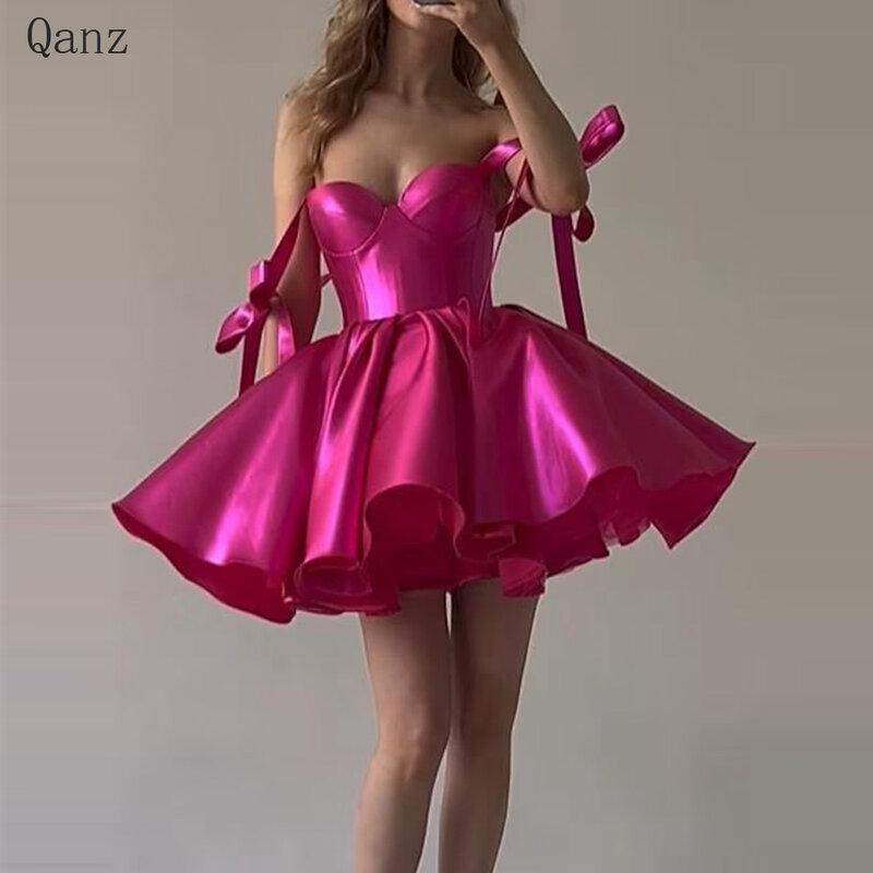 Qanz-vestidos curtos com arco, vestidos de baile, querida, cintas de espaguete destacáveis, mini vestido de festa