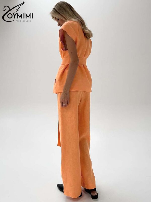 Oymimi-Ensemble deux pièces en coton orange pour femmes, chemises à lacets en fibre, pantalon droit taille haute simple, mode élégante