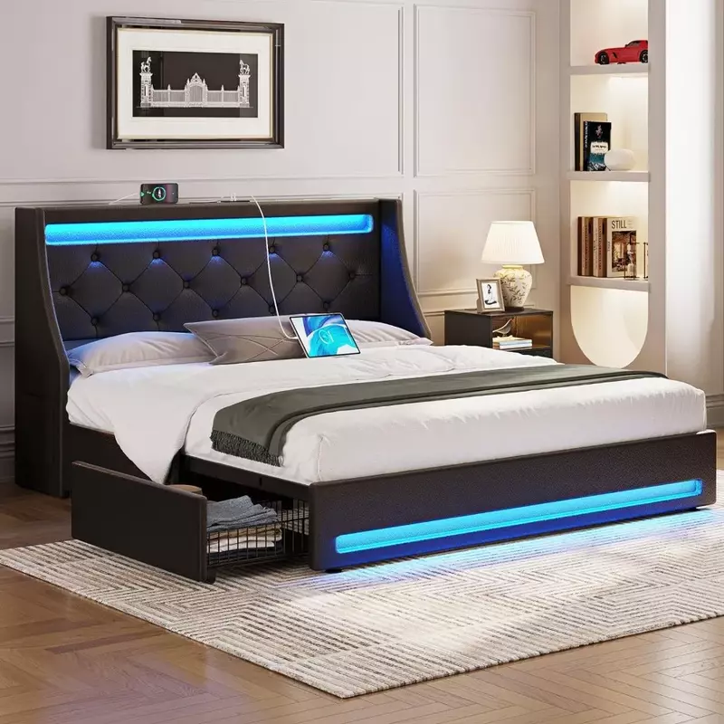 LEDライトと充電ステーション付きのツインベッド,木製棚板付きの布張りのベッド,組み立てが簡単