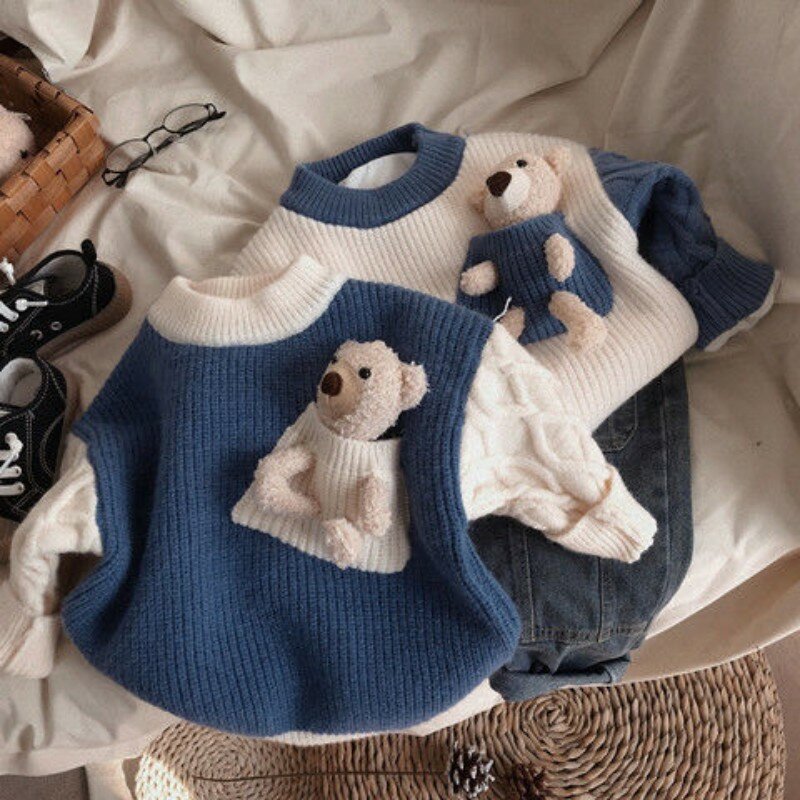 Children's Winter Thickened Sweater Baby Korean Contrast Color Plush Knitted Shirt for Boys and Girls with Round Neck Underlay