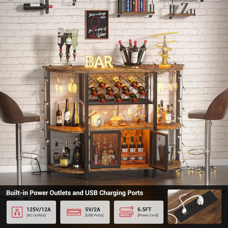 Freestanding Wine Bar Cabinet with LED Lights and Power Outlets, Industrial Coffee for Liquor Glasses, Mesh Door, Table Rack