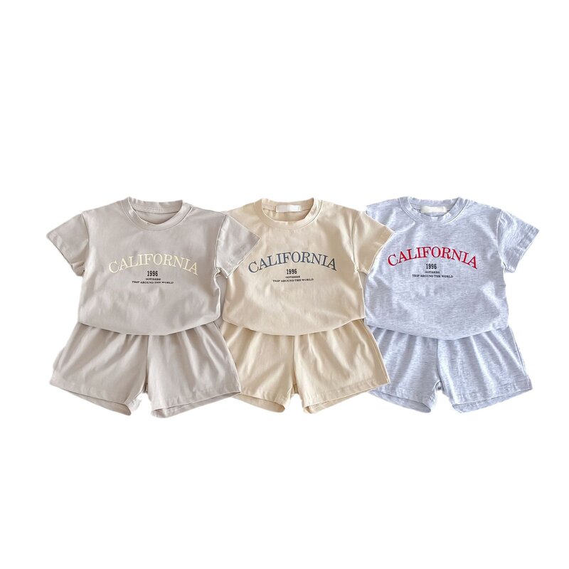 Conjunto de t-shirt e shorts infantis de manga curta com estampa, roupas infantis de menino e menina, roupas casuais de algodão infantil, novo, verão