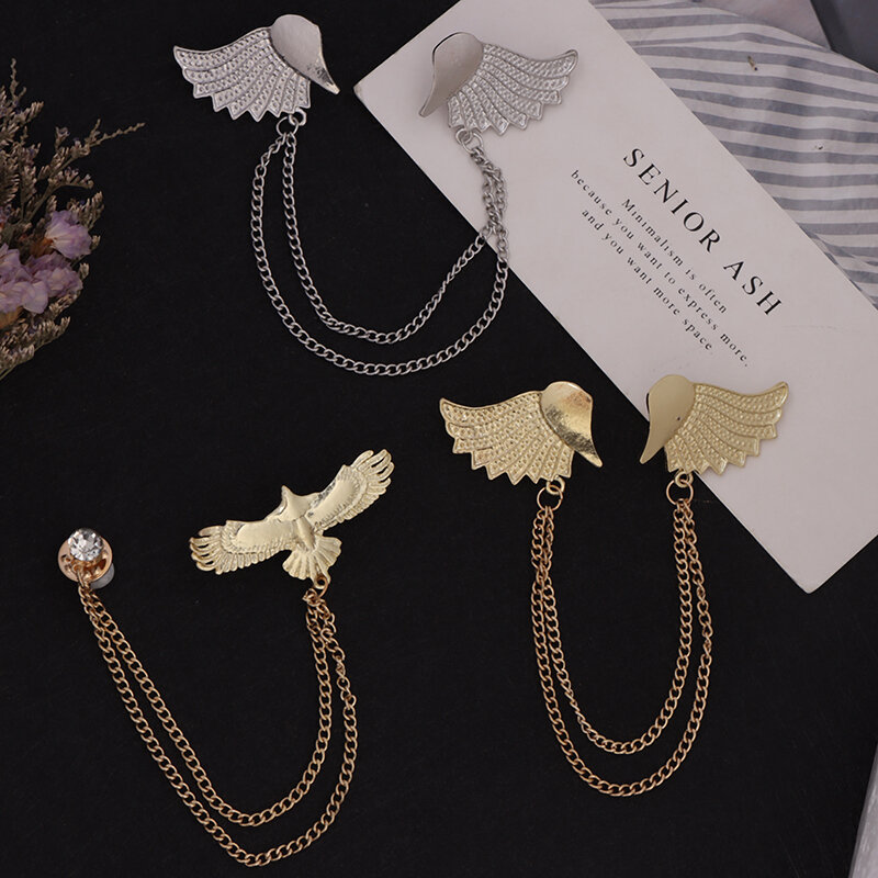 Fashion Gentleman Tassel Brooch For Men Suit Shirt Collar Wings/Eagle Shape Chain Lapel Pin Metal Wedding Accessories