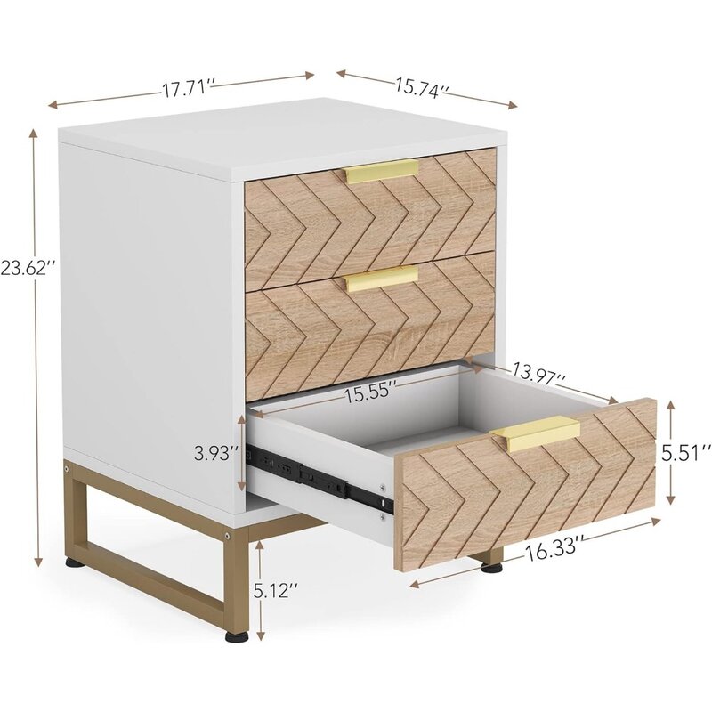 Comodino Set di 2, comodino moderno a 3 cassetti con Design unico a Zig Zag, tavolino laterale in oro bianco per soggiorno camera da letto