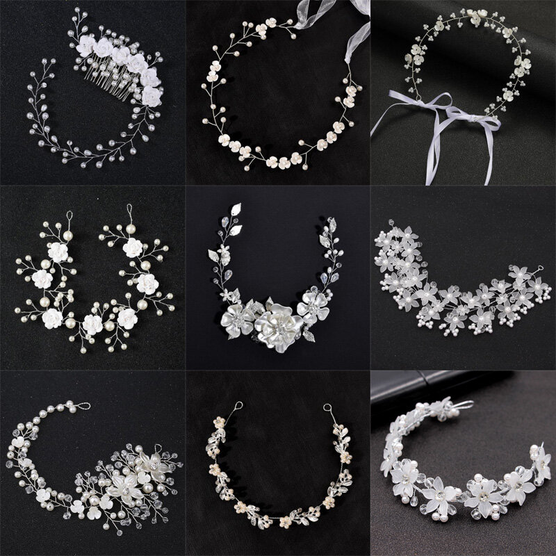Cor prata Casamento Headbands para Mulheres, Noiva Hairband, Tiara Cabelo Acessórios, Luxo Flor Pérolas Headband, Handmade Crystal Crown
