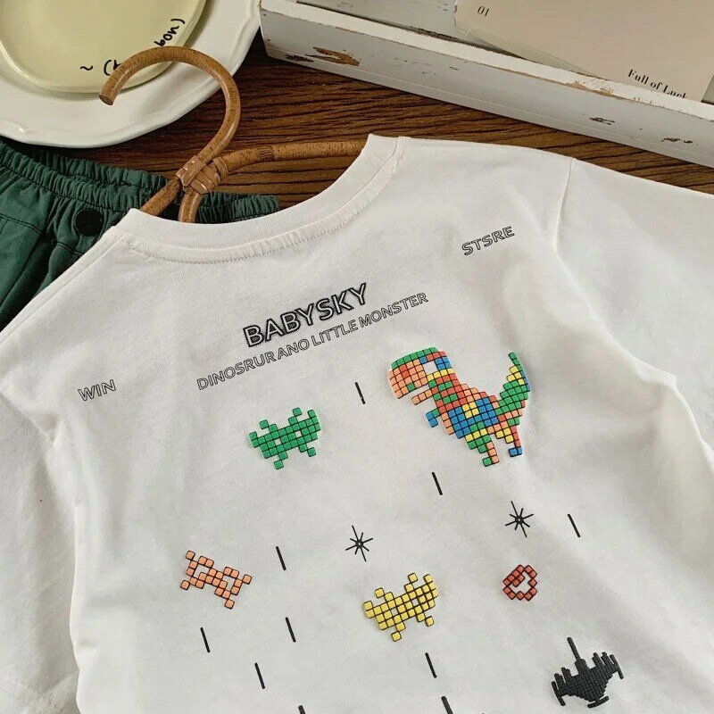 Camiseta de manga corta con estampado de dinosaurio arcoíris para niños, ChildrenTT-shirt2024Summer, novedad, G0125-WS