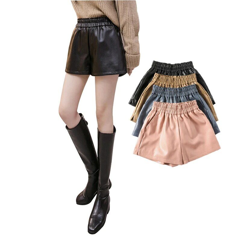 Women Leather Shorts High Waist Elastic Shorts Female Casual Wide-legged Plus Size Lined Shorts Summer Ladies Streetwear Style