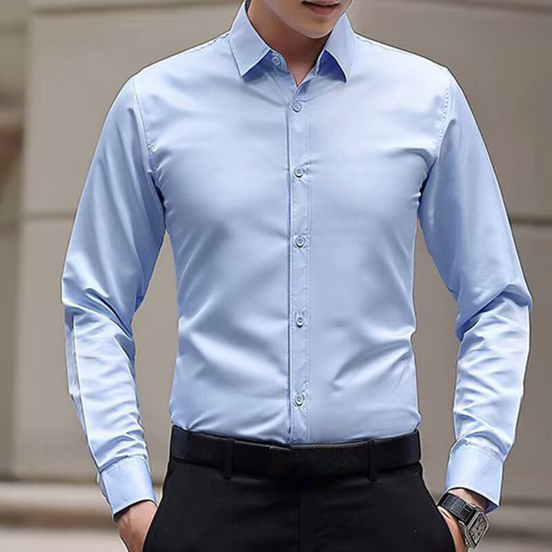 Camisa de negocios de Color sólido para hombre, camisa clásica básica informal ajustada de manga larga, ropa de marca, S-5XL