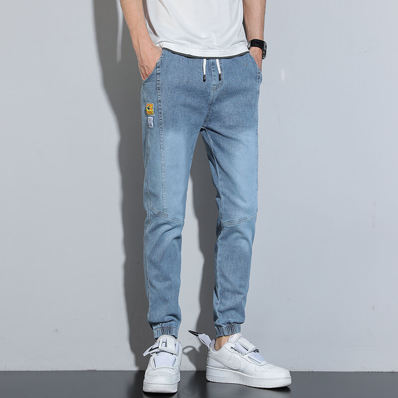 Spring Summer New Korean Fashion Jeans Men's Elastic Slim Fit Small Feet Male Clothing Denim Trousers Light Blue Gray Black