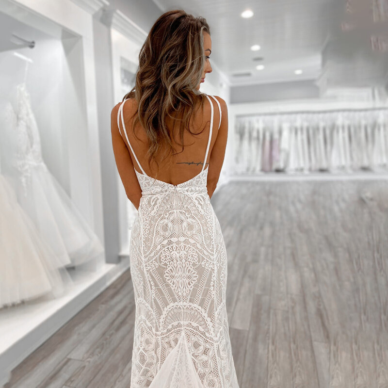 Gaun pengantin Duyung, potongan rendah leher V tali tipis dibuat khusus sifon panjang feminin kereta gaun pernikahan