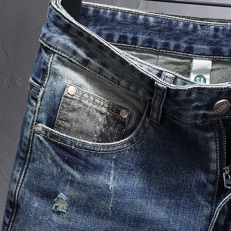 Джинсы мужские стрейчевые, модные рваные джинсы в стиле ретро, Стрейчевые брюки в стиле хип-хоп, с соединением, темно-синие