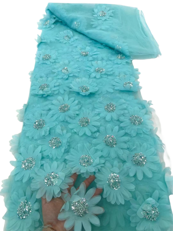 Nigeryjska koronkowa tkanina tiulowa z perłami i francuskimi cekinami, ślubna koronka z koralikami, luksusowa aplikacja, wysoka jakość, 5 Y, 2024