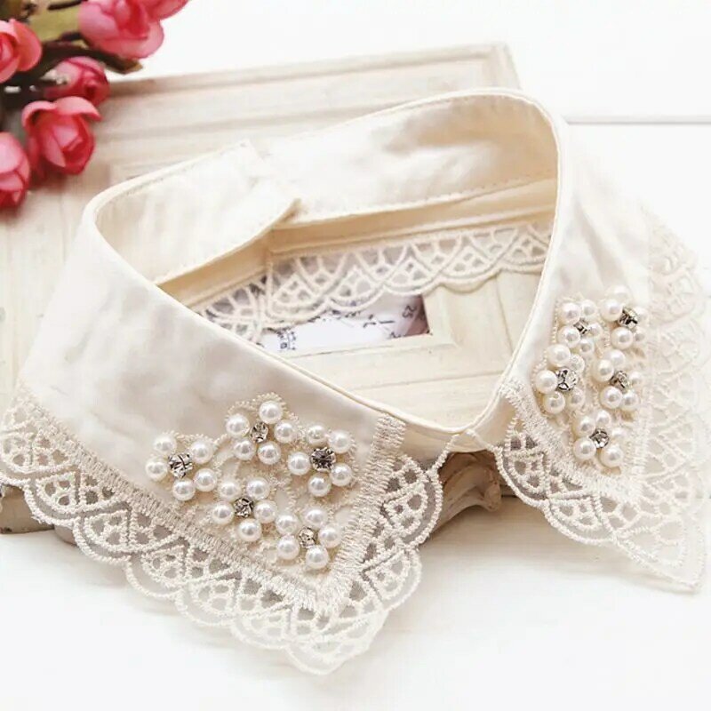 Women Detachable Colla Shirt Fake Collars Pearls Lace Decoration Ladies Lace Fal