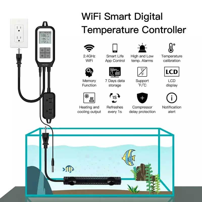 Termostato de Temperatura Digital, Tomada, Aquecimento, Modo de Refrigeração, Carboy Aquarium, Controle Doméstico, Wi-Fi, Tuya Smart Life App