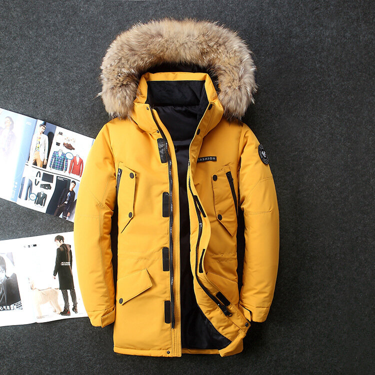 Jaket panjang pria, mantel bulu berkerudung kerah bulu kualitas tinggi luar ruangan tahan angin kasual musim dingin