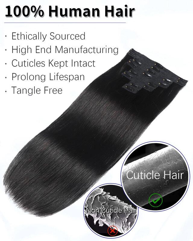 女性用の滑らかなクリップ付きの人間の髪の毛の延長,自然なヘアエクステンションのセット,黒い色,18クリップ,二重横糸のヘアエクステンション,100% 人毛