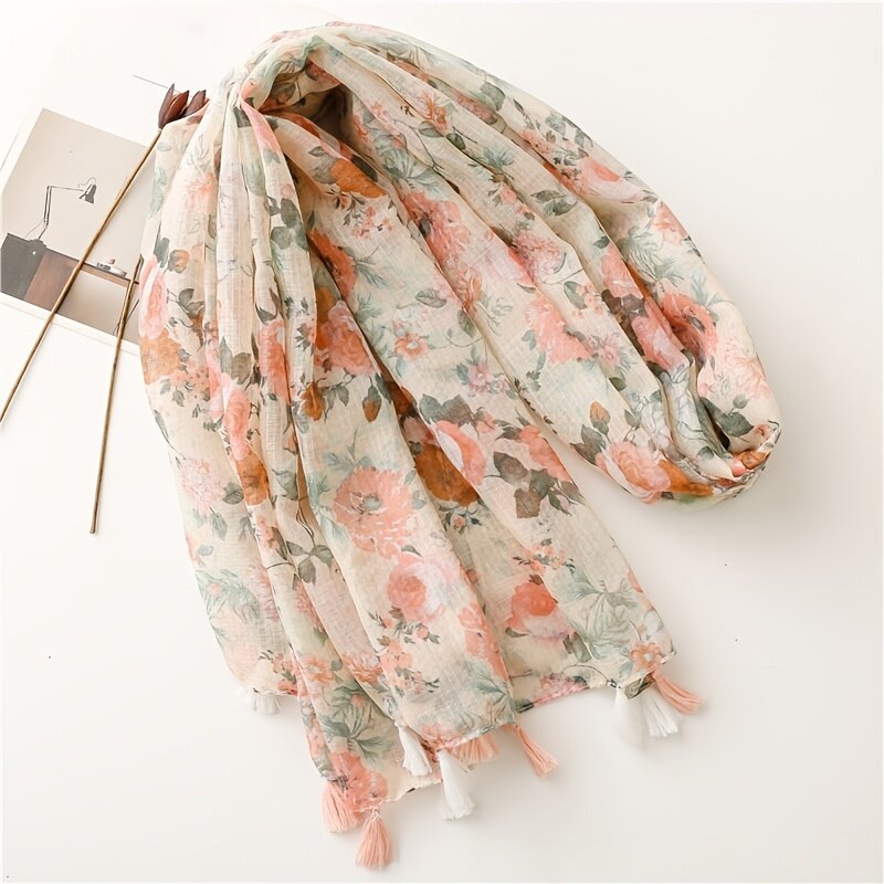New Hot Selling Cotton and Hemp Hand Feel Printed Scarf for Women, Elegant and Gentle Pink Flower Tassels, Travel Sunscreen Beac