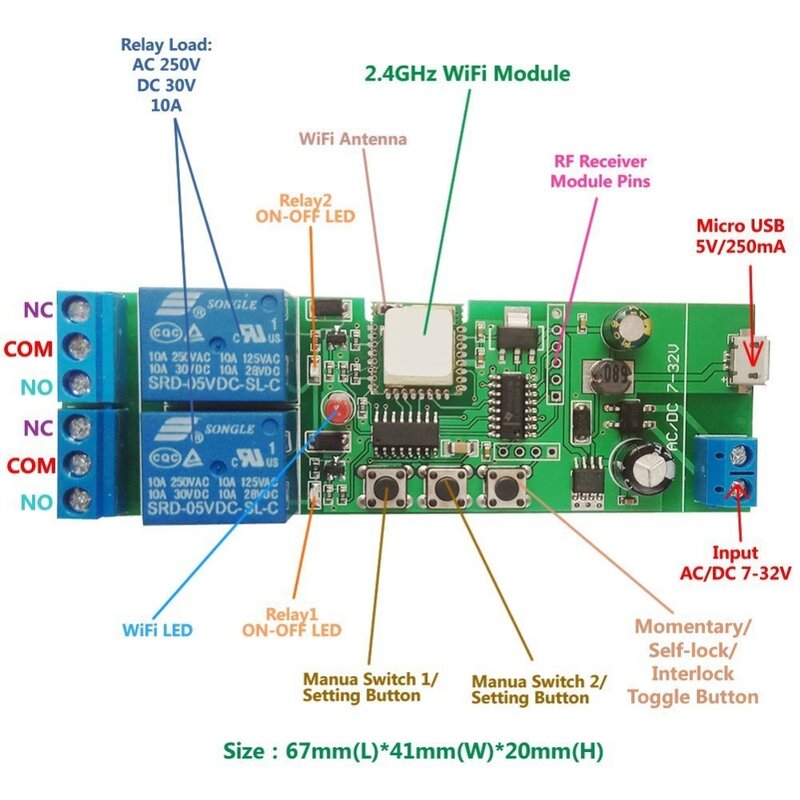 2 Channel Wifi Wireless Switch 2-GANG DIY Switch Inching Self-locking Interlock 5V DC7-32V for Alexa Google Home eWeLink