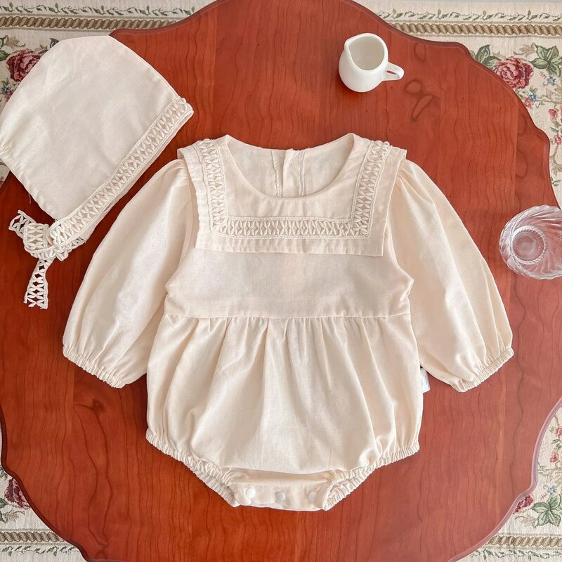 Korean Style 2023 New Spring Autumn Baby Girl Beige Cotton Bodysuit Newborn Romper Infant Outwear Toddler One Piece Clothes Hat