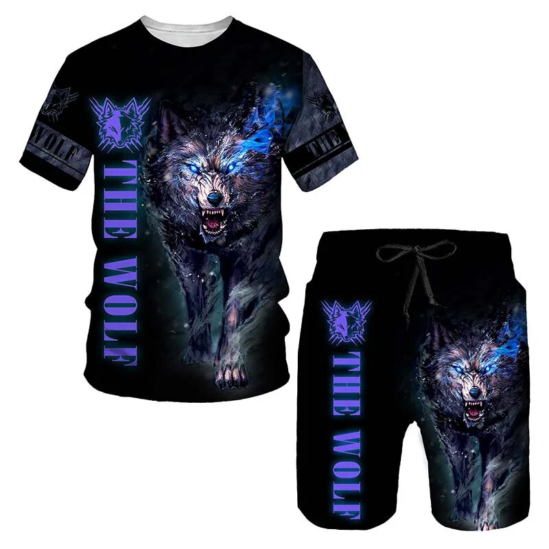 3d Dier Leeuw En Wolf Bedrukt Oversized T-Shirt En Korte Broek Set, Casual Herenpak, Zomer Tweedelige Sportkleding, Herenpak