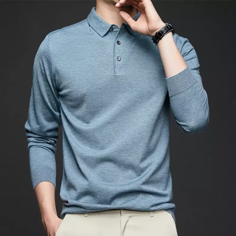 2023 nowe jesienne i zimowe swetry męskie klapy z długim rękawem koszulka Polo ciepłe i modne dziergany dół koszula wkładana przez głowę