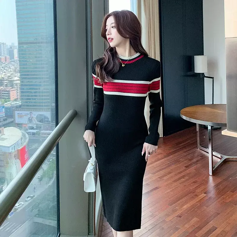 Feminino coreano vestido de malha manga longa meia gola alta elástica magro vestido listrado 2021 outono sexy bodycon split vestido de camisola