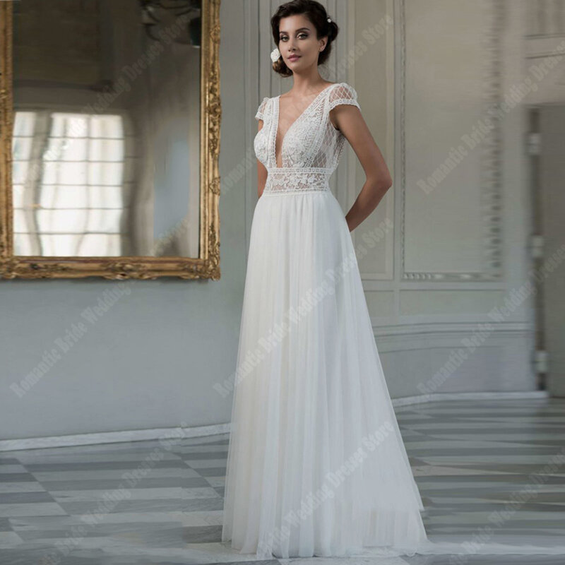 Seksowne damskie suknie ślubne z głębokim dekoltem w szpic romantyczne koronkowe druk kwiatowy bez rękawów długość do mopowania księżniczki Vestidos De Noivas 2024