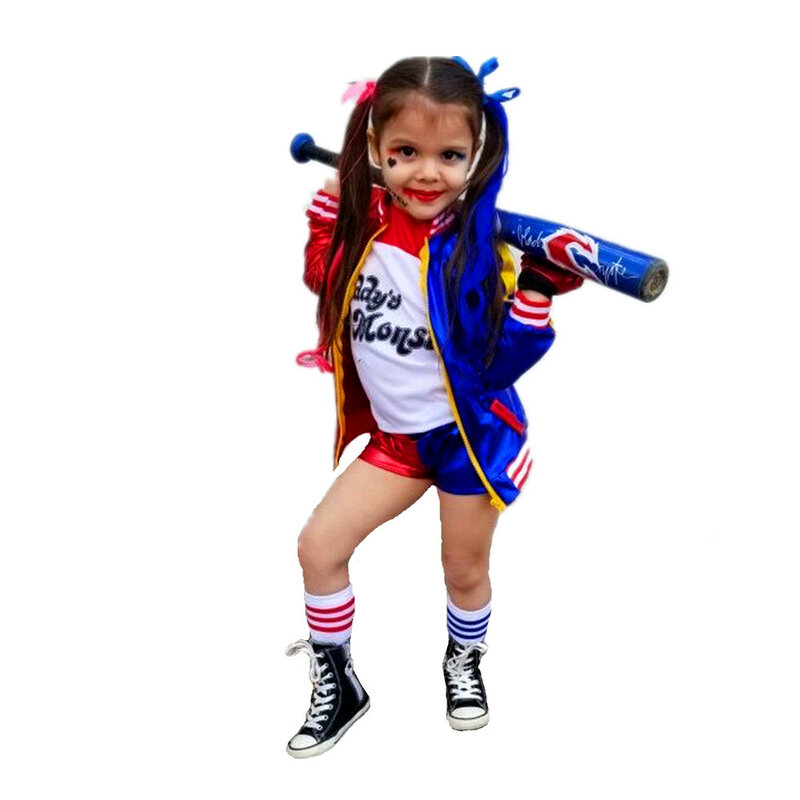 Costumes de Cosplay Harley Quinn Squad pour Enfant Fille, T-shirt, Veste Joker, Costume d'Halloween