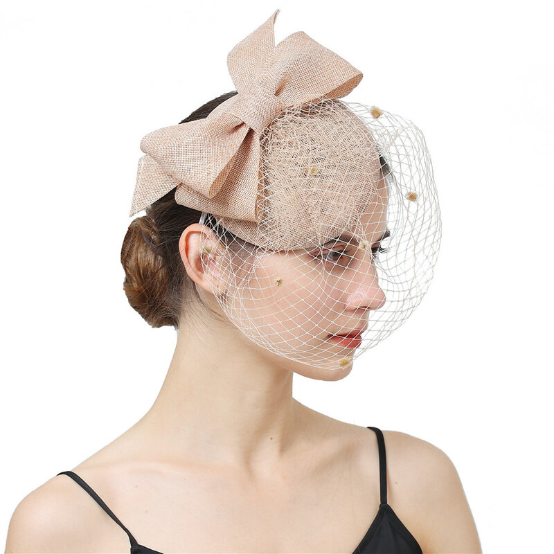 เจ้าสาวงานแต่งงาน Headwear แชมเปญ Headpiece ผมคลิปสำหรับค็อกเทล Fascinator หมวกสำหรับสุภาพสตรีเครื่องประดับผม Veil Chapeau