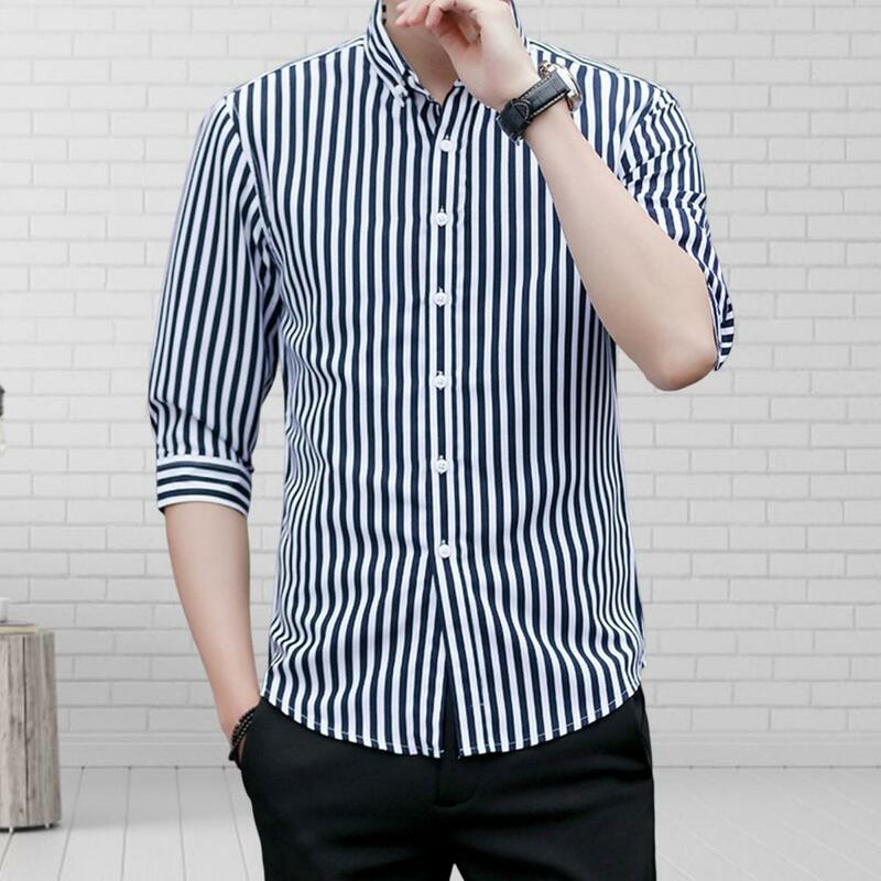 2023 New Slim Korean Stripe Men's Shirt Classic Summer 3/4 Sleeve Fashion Casual Commuter Single Breasted POLOs Neck Male Top