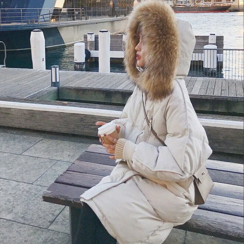Damska zimowa kurtka podszyta bawełną koreańska duży futrzany kołnierz z kapturem długi bawełniane puchowe parki ciepły luźne ubrania damski płaszcz