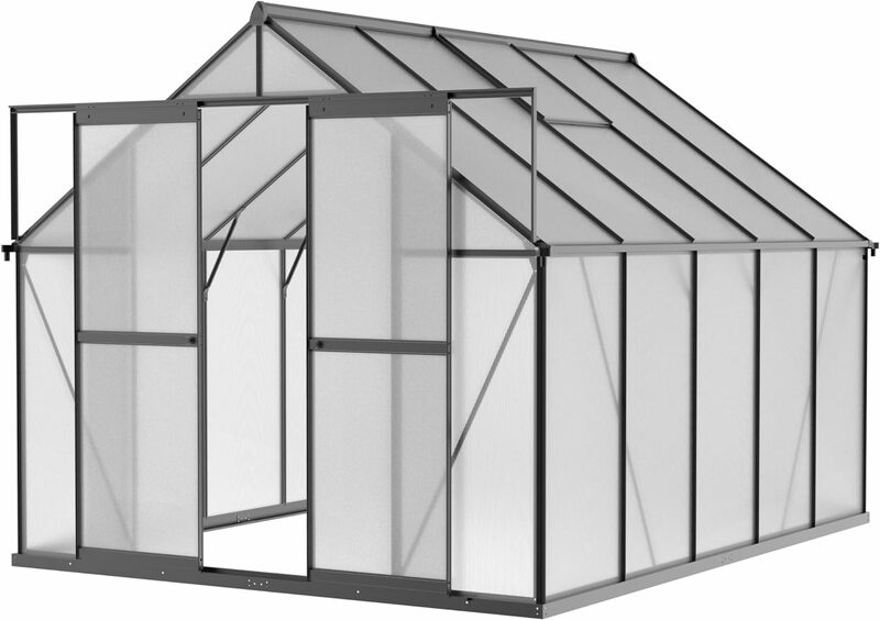 Invernadero de policarbonato de 8x10 pies, altura de pared añadida de 6 pies, 2 ventanas de ventilación de aluminio para exteriores, resistente, patio trasero