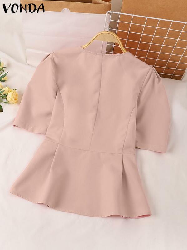 VONDA 2024 letnia damska jednolite kolorowe koszule elegancka tunika bluzka z krótkim rękawem Casual topy kwadratowy kołnierzyk moda Blusas Femme