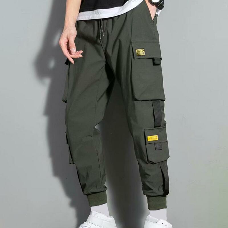 Ribbon Decoration Trousers Men's Multi-pocket Cargo Pants with Strap Decor Drawstring Waist Plus Size Streetwear for Wear